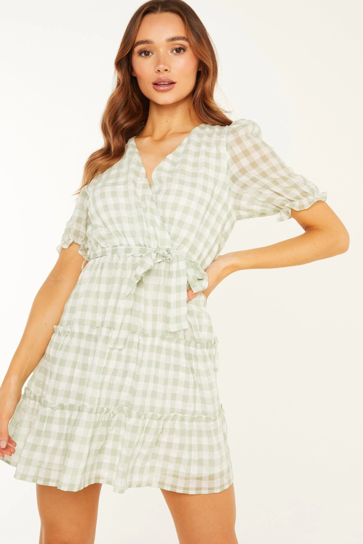 Sage Gingham Wrap Skater Dress 2 Sage Gingham Wrap Skater Dress - Image 2
