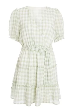 Sage Gingham Wrap Skater Dress