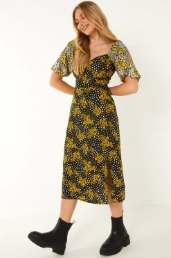 Black Floral Midi Dress -Women Clothing Sale 00100030991 XS