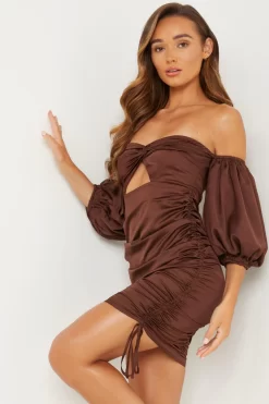 Brown Satin Bardot Bodycon Dress -Women Clothing Sale 00100031765 XS scaled
