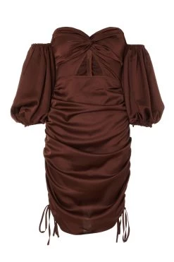 Brown Satin Bardot Bodycon Dress