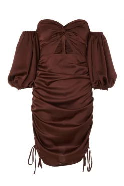 Brown Satin Bardot Bodycon Dress