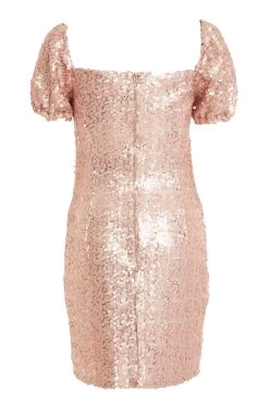 Pink Sequin Puff Sleeve Dress -Women Clothing Sale 00100031896 ZB