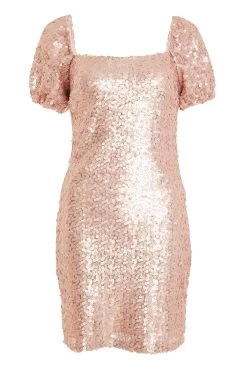 Pink Sequin Puff Sleeve Dress