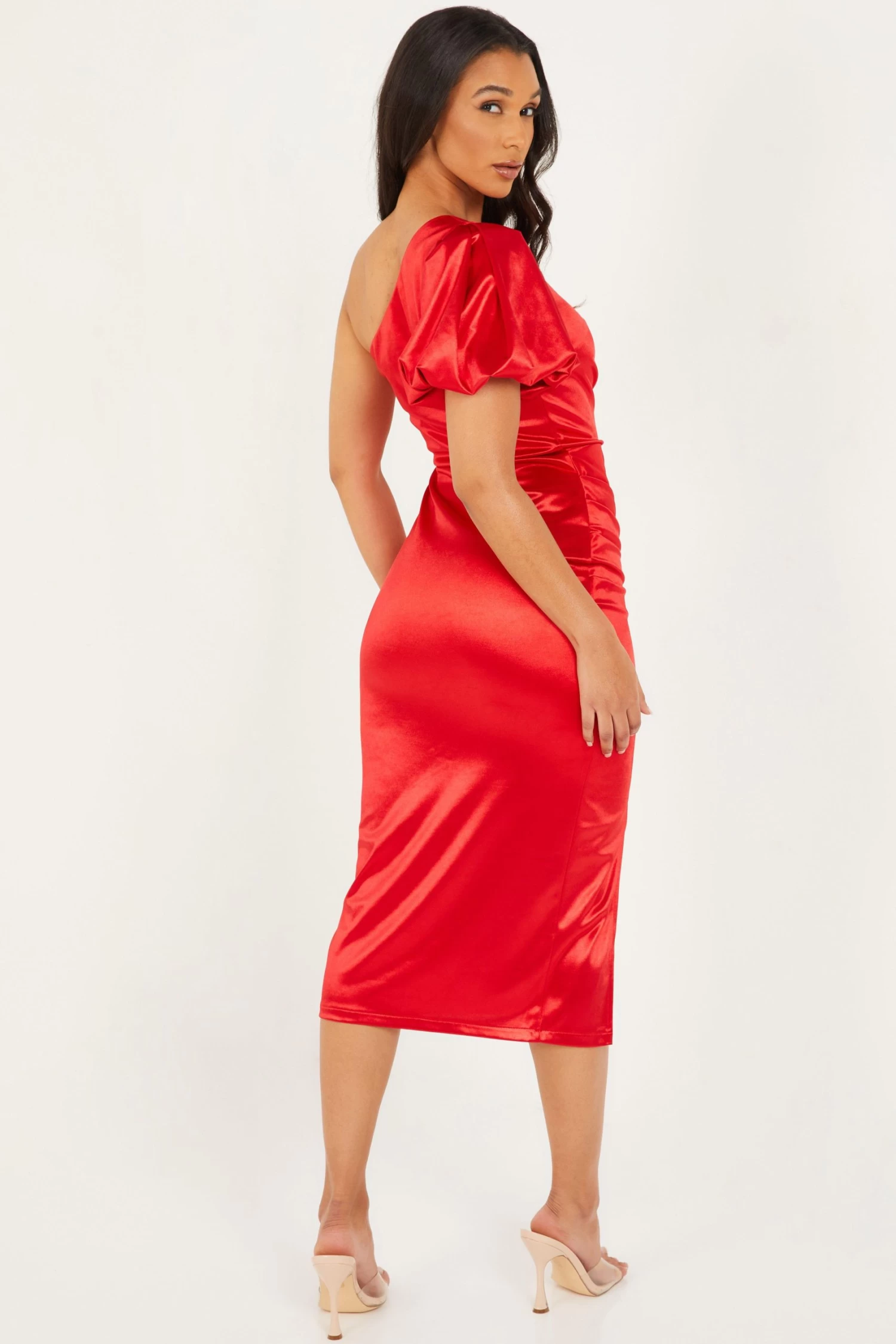 Red Satin One Shoulder Midi Dress 3 Red Satin One Shoulder Midi Dress - Image 3