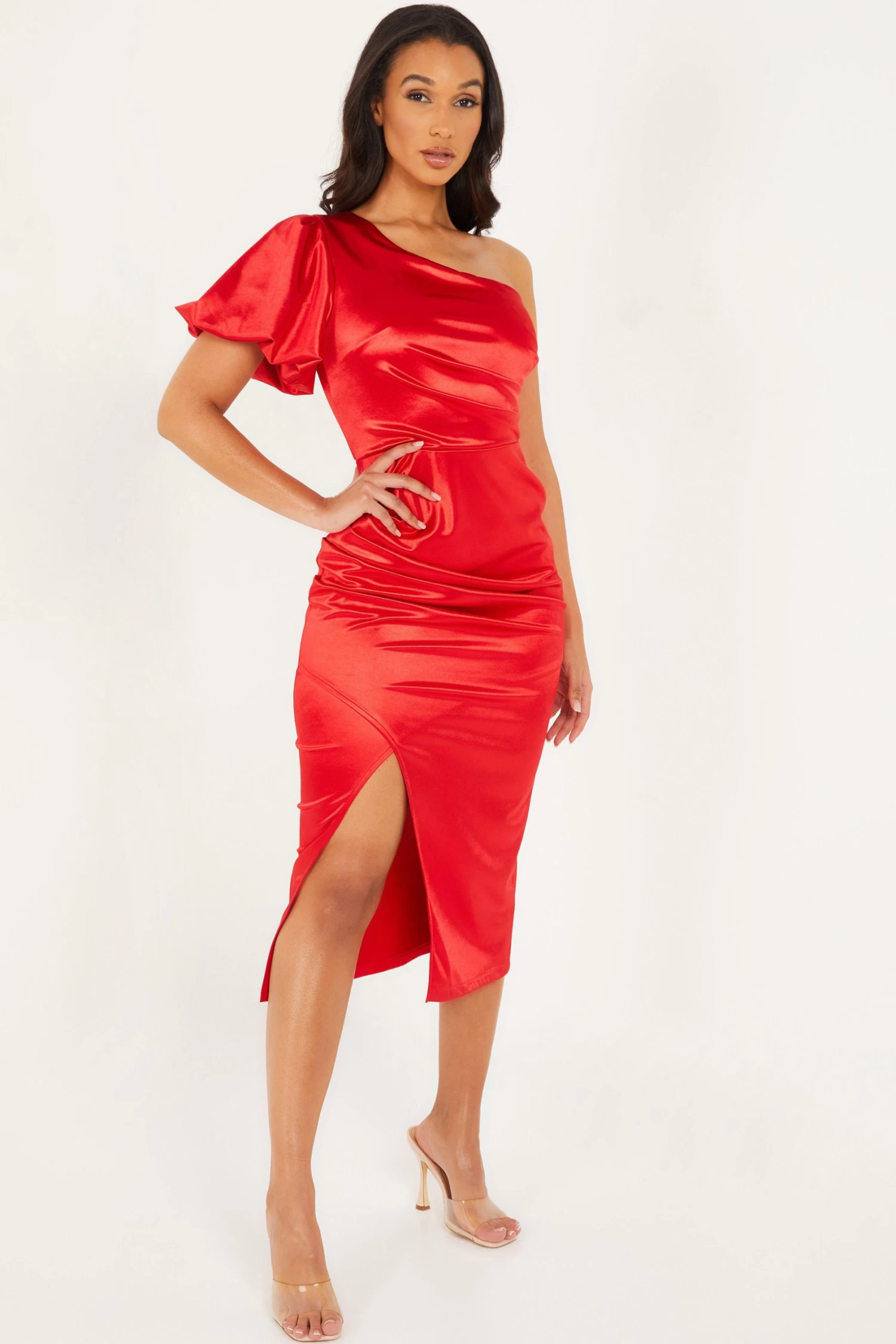 Red Satin One Shoulder Midi Dress 2 Red Satin One Shoulder Midi Dress - Image 2