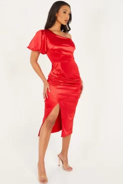 Red Satin One Shoulder Midi Dress -Women Clothing Sale 00100032396 XS scaled