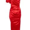 Red Satin One Shoulder Midi Dress