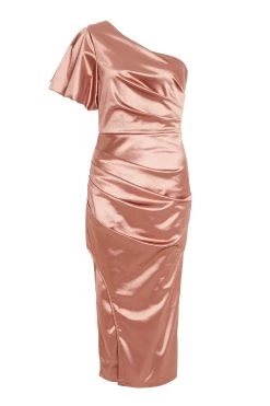 Rose Gold Satin One Shoulder Midi Dress