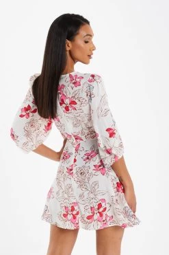 Pink Floral Satin Skater Dress -Women Clothing Sale 00100032766 XB