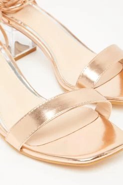 Rose Gold Clear Ankle Tie Low Heeled Sandals -Women Clothing Sale 00100032956 ZB