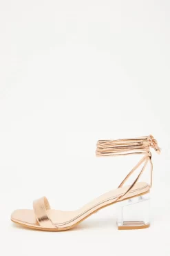 Rose Gold Clear Ankle Tie Low Heeled Sandals