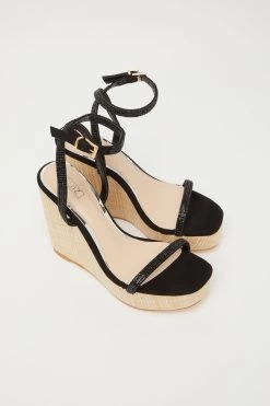 Black Embellished Strappy Wedges -Women Clothing Sale 00100033262 XS