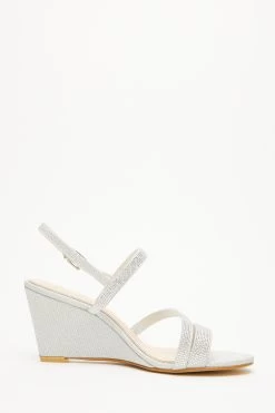 Silver Embellished Strappy Wedges -Women Clothing Sale 00100033290 ZS