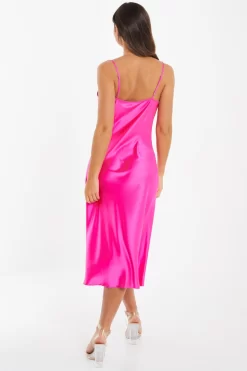 Hot Pink Satin Slip Midi Dress -Women Clothing Sale 00100033377 XB scaled