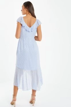 Blue Foil Polka Dot Wrap Midi Dress -Women Clothing Sale 00100033622 XB