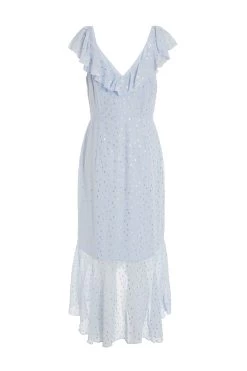 Blue Foil Polka Dot Wrap Midi Dress -Women Clothing Sale 00100033622 ZB