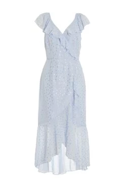 Women Clothing Sale 23 Blue Foil Polka Dot Wrap Midi Dress