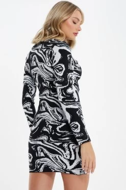Black Marble Print Mini Jumper Dress -Women Clothing Sale 00100034803 XB