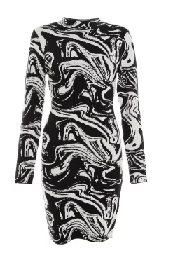 Black Marble Print Mini Jumper Dress