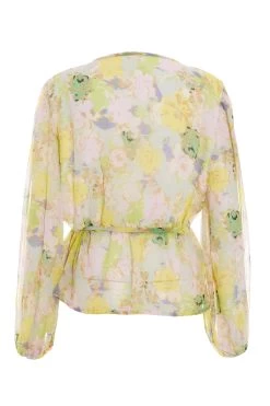 Yellow Floral Chiffon Peplum Top -Women Clothing Sale 00100034854 ZB