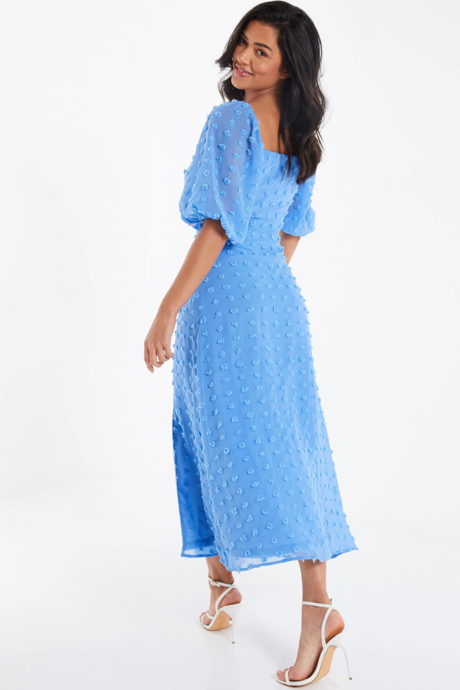Blue Chiffon Polka Dot Midi Dress 3 Blue Chiffon Polka Dot Midi Dress - Image 3