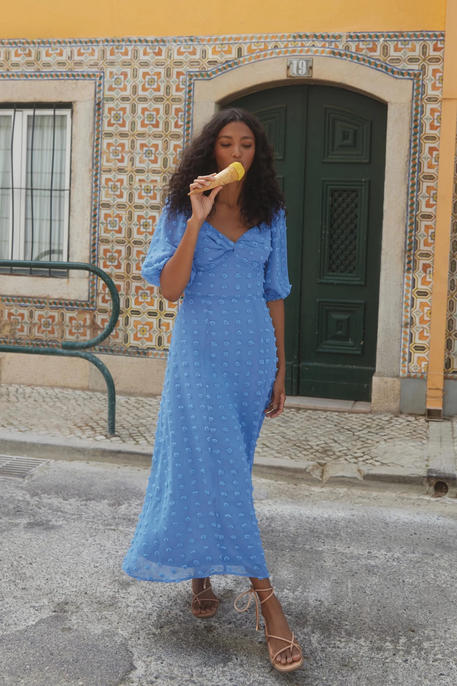 Blue Chiffon Polka Dot Midi Dress 2 Blue Chiffon Polka Dot Midi Dress - Image 2