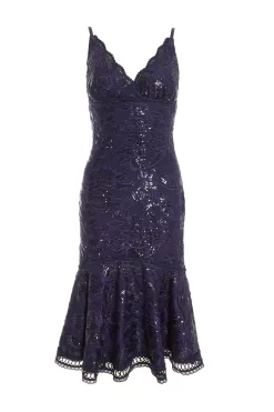 Navy Sequin Lace Midi Dress