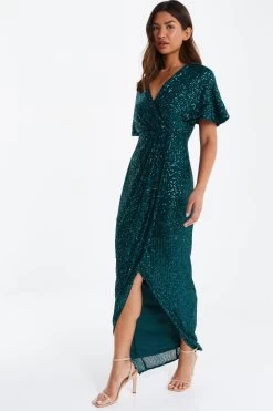 Green Sequin Batwing Maxi Dress -Women Clothing Sale 00100035142 XS