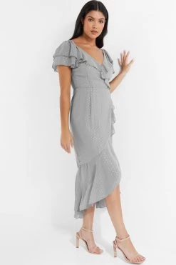 Grey Metallic Stripe Chiffon Midi Dress -Women Clothing Sale 00100035252 XS