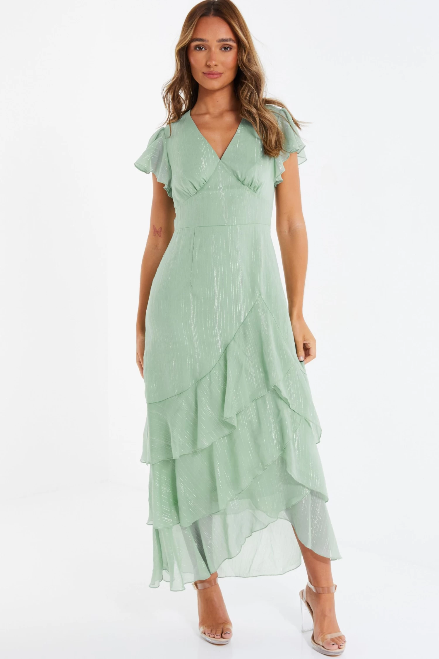 Sage Metallic Chiffon Tiered Maxi Dress 1 Sage Metallic Chiffon Tiered Maxi Dress