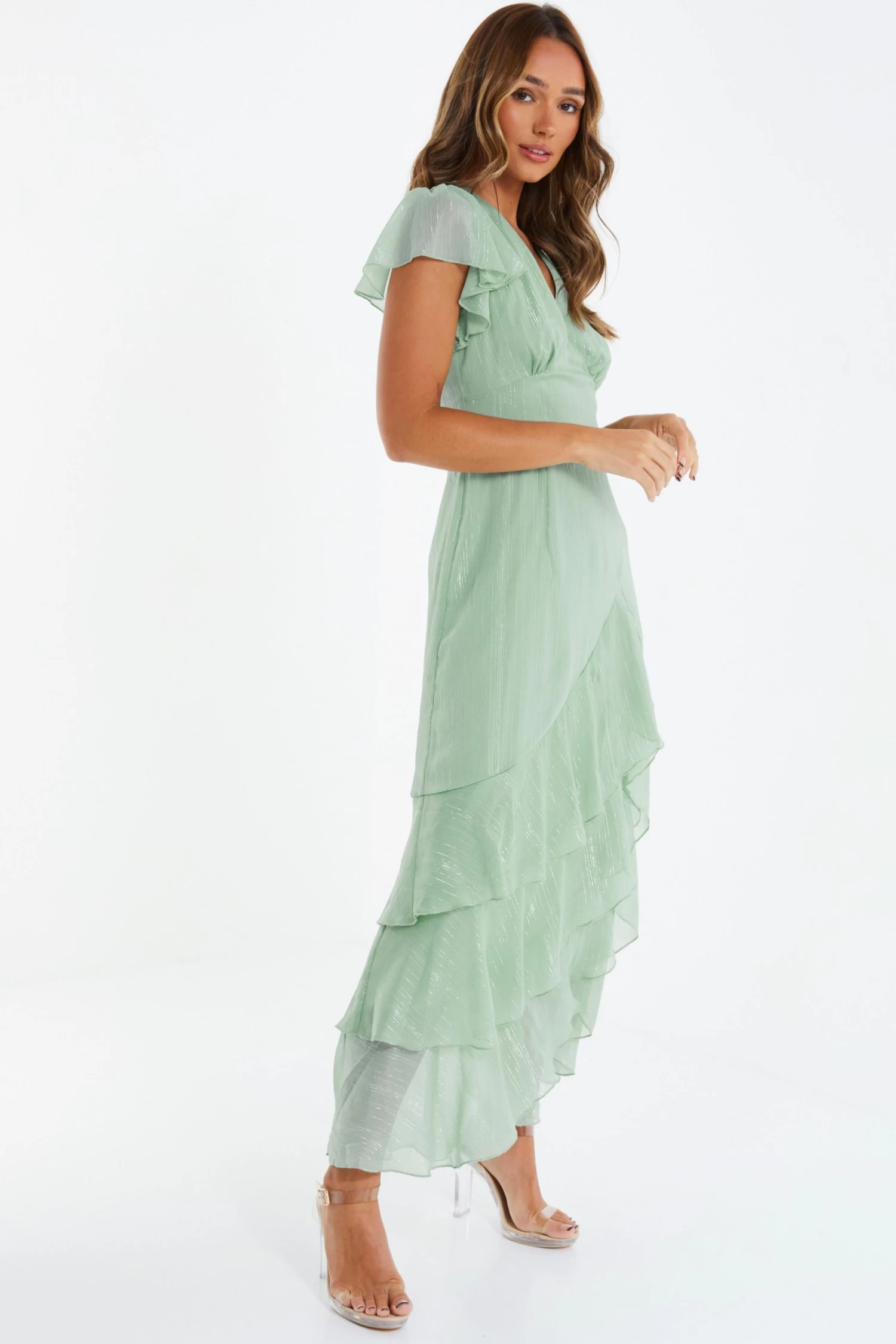 Sage Metallic Chiffon Tiered Maxi Dress 3 Sage Metallic Chiffon Tiered Maxi Dress - Image 3