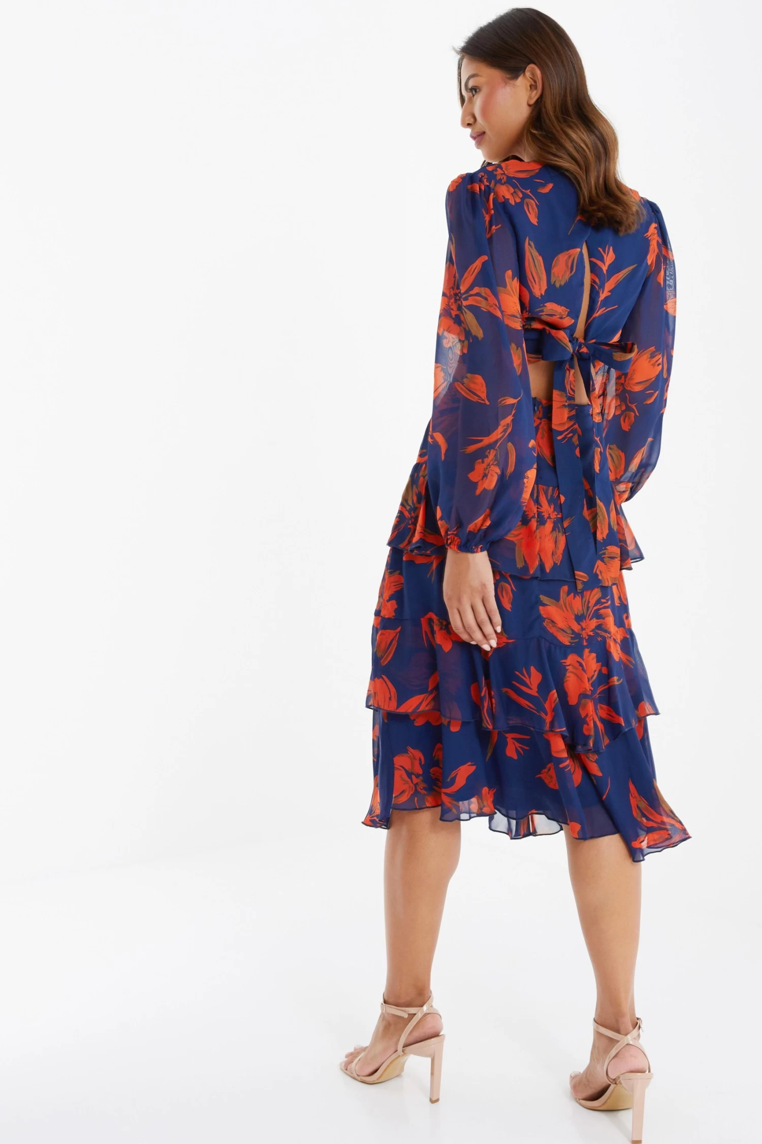 Orange Floral Chiffon Tiered Midi Skirt 3 Orange Floral Chiffon Tiered Midi Skirt - Image 3