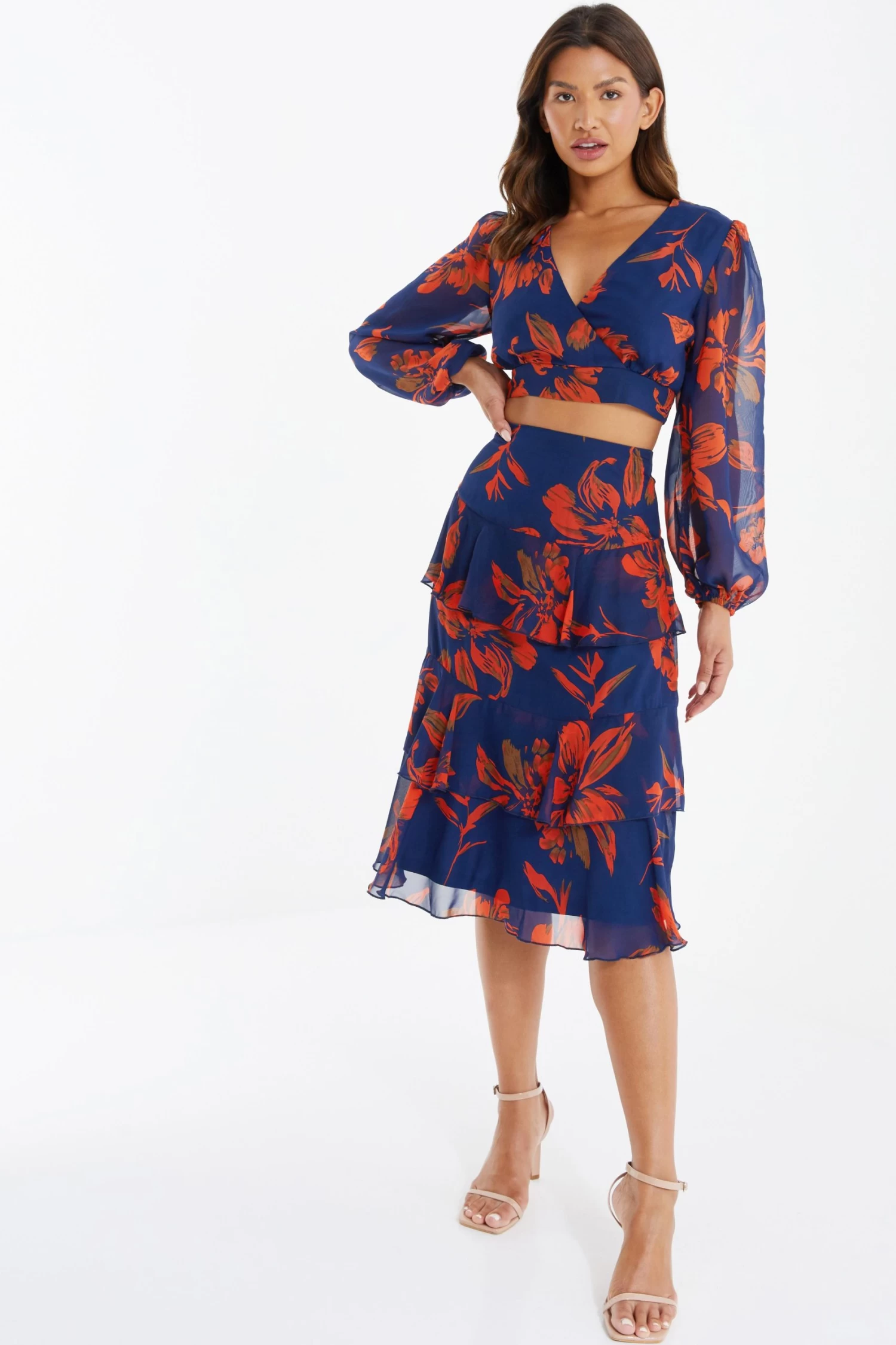 Orange Floral Chiffon Tiered Midi Skirt 2 Orange Floral Chiffon Tiered Midi Skirt - Image 2