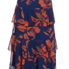 Orange Floral Chiffon Tiered Midi Skirt
