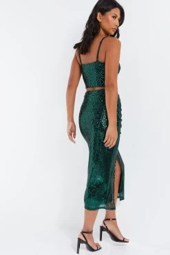 Green Sequin Ruched Midi Skirt -Women Clothing Sale 00100035712 XB