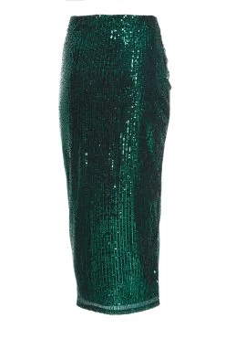 Green Sequin Ruched Midi Skirt -Women Clothing Sale 00100035712 ZB