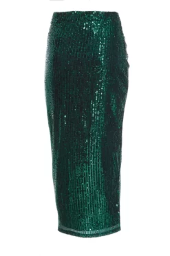 Green Sequin Ruched Midi Skirt -Women Clothing Sale 00100035712 ZB scaled