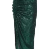 Green Sequin Ruched Midi Skirt