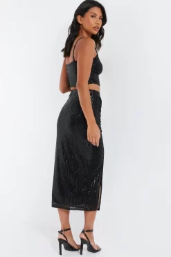 Black Sequin Ruched Midi Skirt -Women Clothing Sale 00100035714 XB scaled