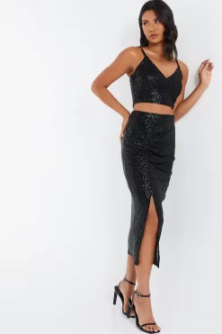 Black Sequin Ruched Midi Skirt -Women Clothing Sale 00100035714 XS scaled