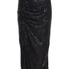 Black Sequin Ruched Midi Skirt