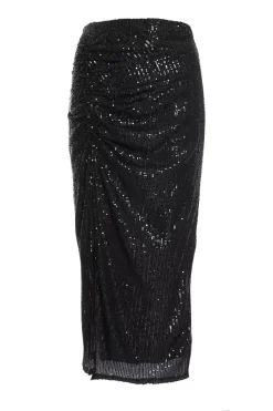 Black Sequin Ruched Midi Skirt