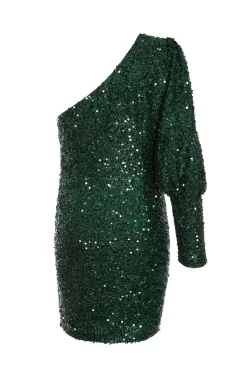 Bottle Green Sequin One Shoulder Mini Dress -Women Clothing Sale 00100035761 ZB scaled