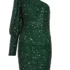 Bottle Green Sequin One Shoulder Mini Dress