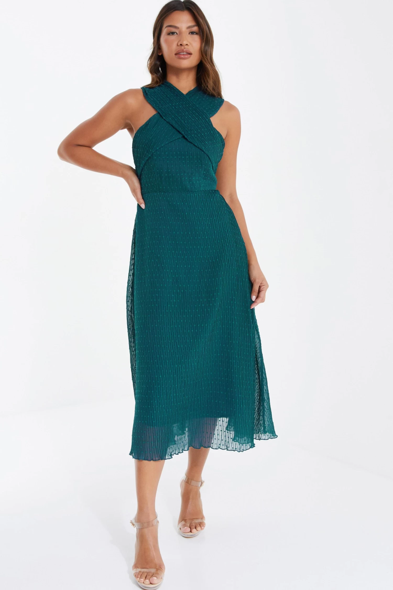 Teal Chiffon Crinkle Halter Neck Midi Dress 2 Teal Chiffon Crinkle Halter Neck Midi Dress - Image 2