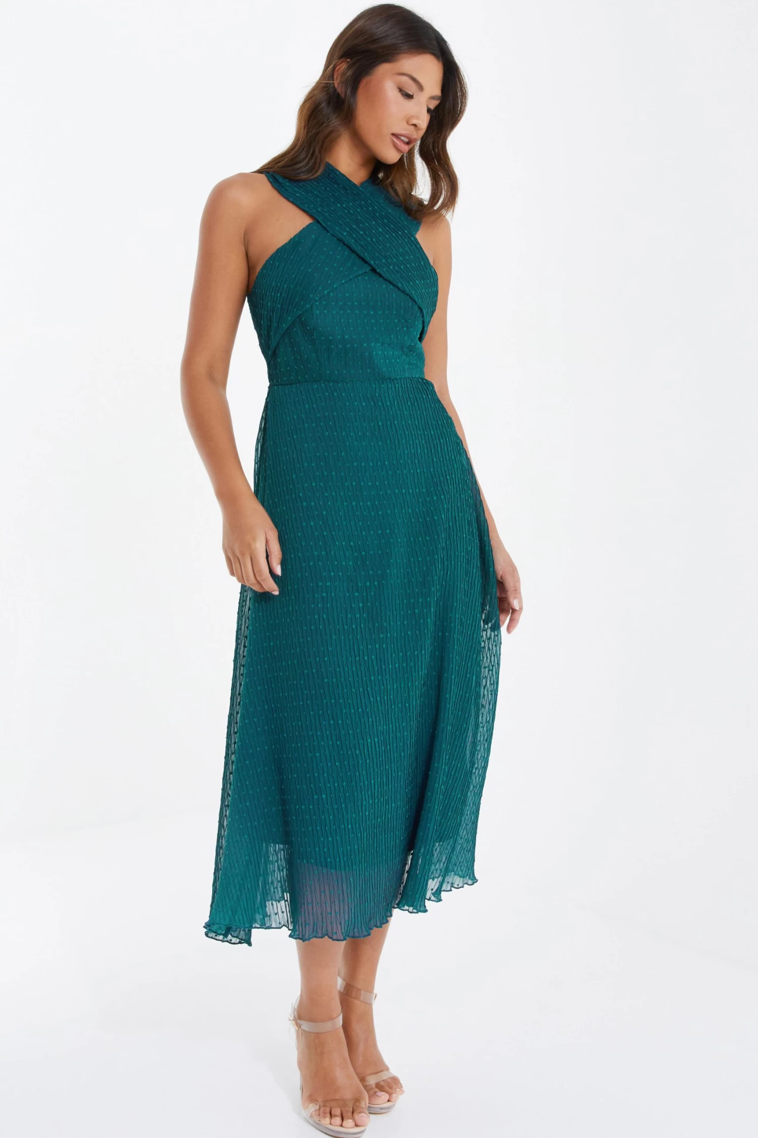Teal Chiffon Crinkle Halter Neck Midi Dress 4 Teal Chiffon Crinkle Halter Neck Midi Dress - Image 4