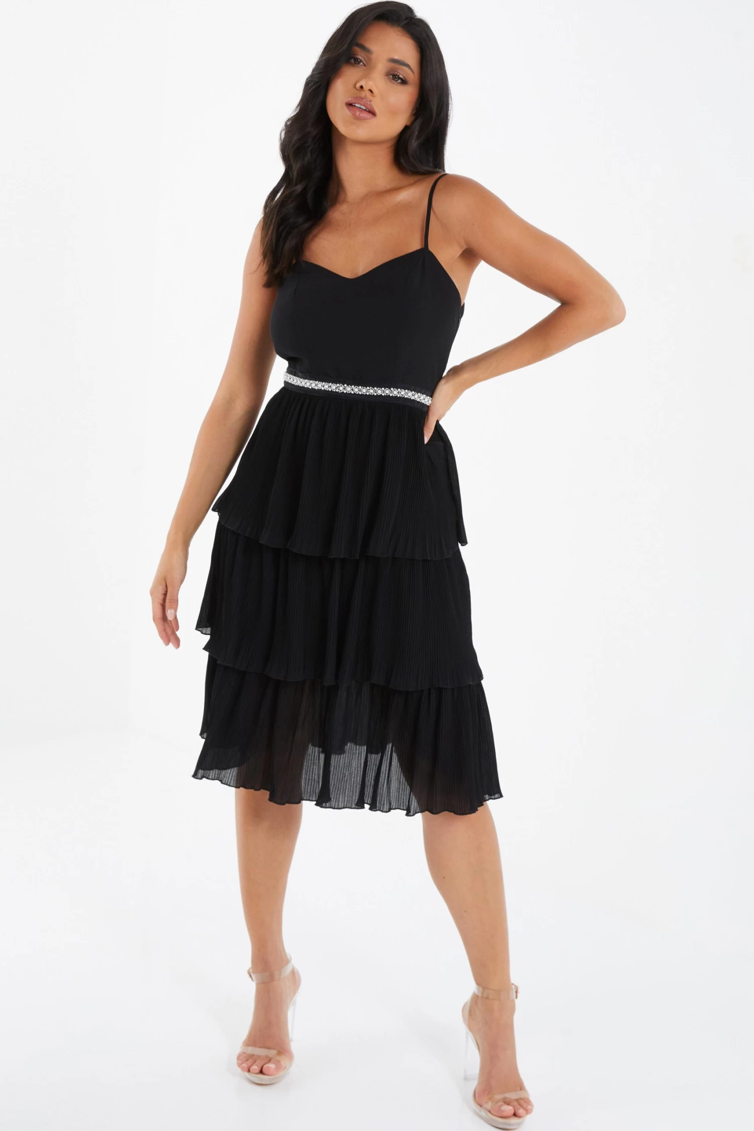 Black Chiffon Embellished Tiered Midi Dress 2 Black Chiffon Embellished Tiered Midi Dress - Image 2