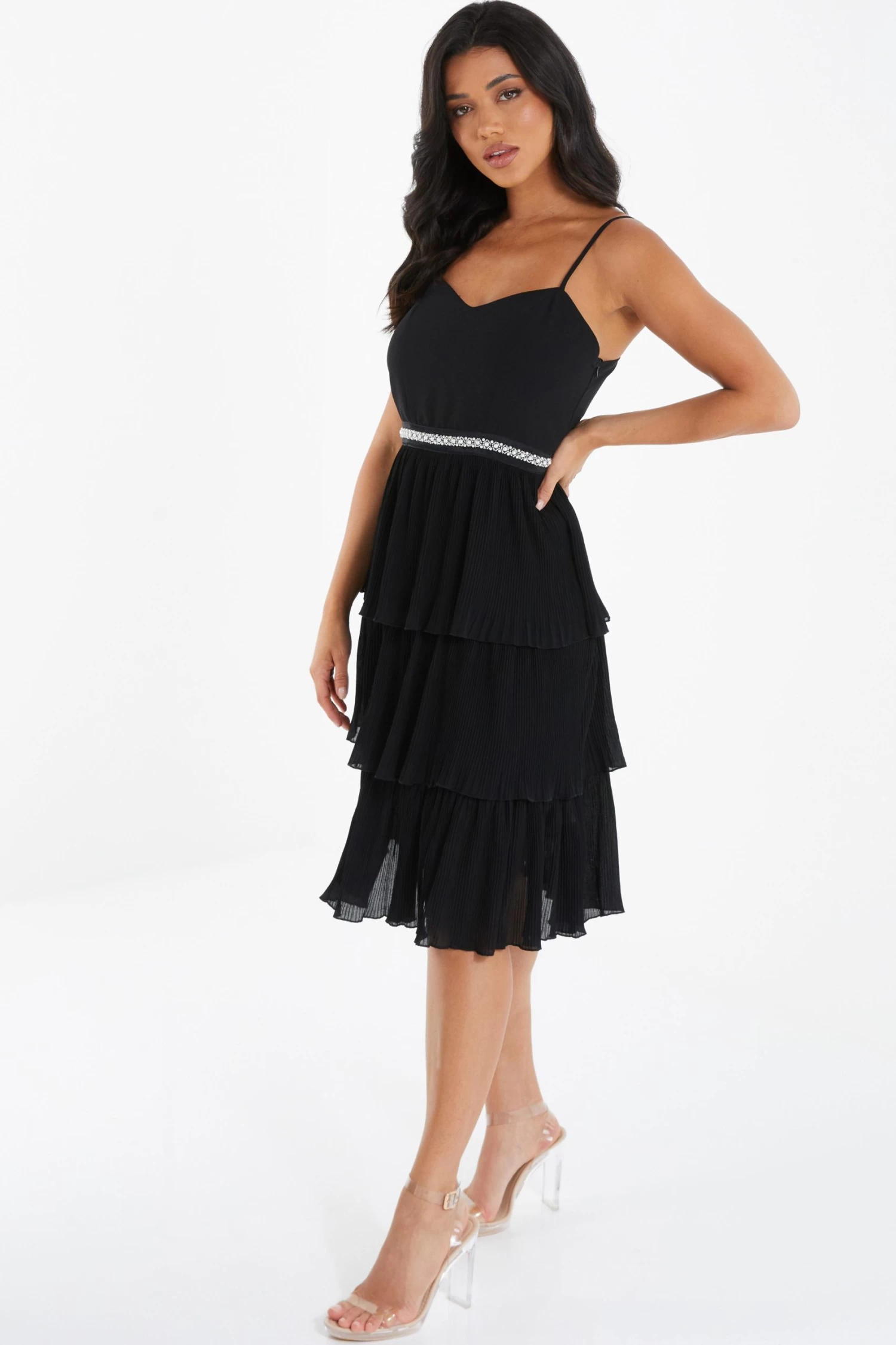 Black Chiffon Embellished Tiered Midi Dress 4 Black Chiffon Embellished Tiered Midi Dress - Image 4