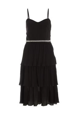 Black Chiffon Embellished Tiered Midi Dress
